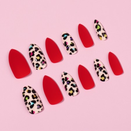 Leo patch nails, 12 pcs, with glue plates, almonds, red, beige-1