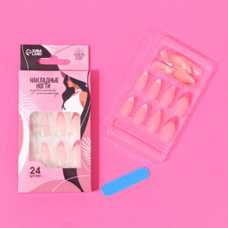 Frolling nails "colored jacket", 24 pcs, adhesive plates, almond shape, glossy pink/white color-1
