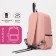 A backpack with a zipper, an outer pocket, 2 side pockets, pink color
