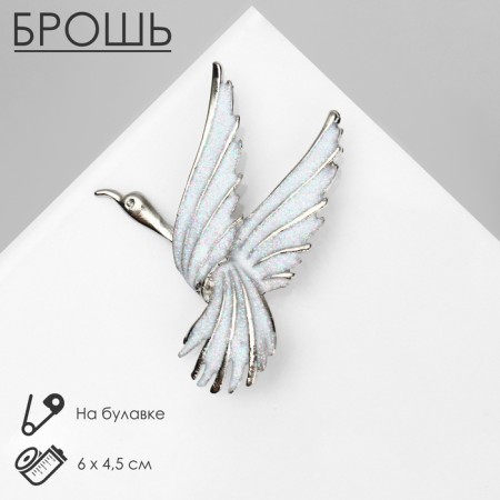 Brooch "Bird" in flight, white color in silver