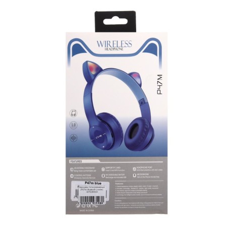P47M headphones, wireless, full -size, BT, Microsd, microphone, AUX, with ears, blue-13