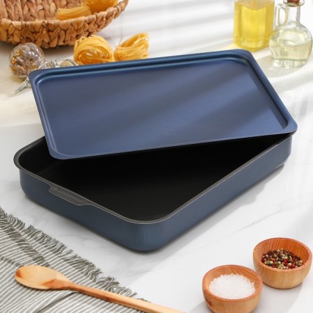 The baking sheet is rectangular, h = 6.3 cm, l = 35 cm d = 27 cm, with a lid, anti -stick coating, blue color-1