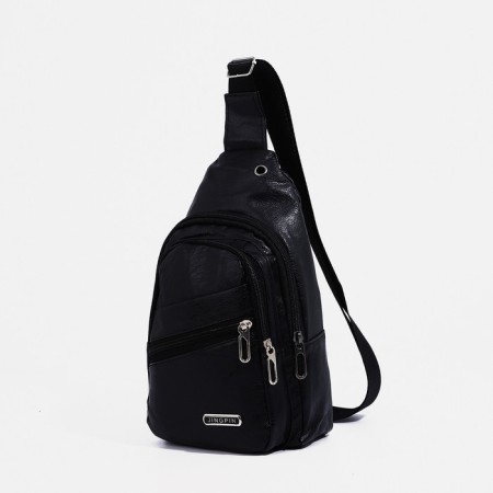 Male sling bag, artificial leather, headphone opening, black color-2