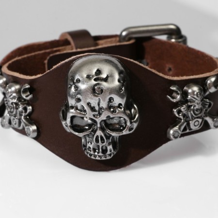 Bracelet Skin "Skull" Gothic, dark brown color with black silver, 25.5 cm-3