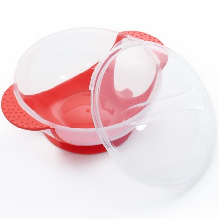 Feeding set: a bowl on the suction cup 340 ml., With a lid, a thermal engine, red-beige color-9