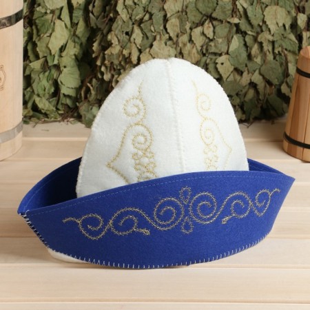 Bath cap with embroidery "Kazakhstani male cap with gold and blue patterns-4