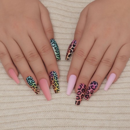 Follow nails "Bright leopard", 12 pcs, with adhesive plates, ballerina form, multi -colored-8