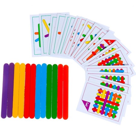 Game set "Fold the sticks" 18 cards, 12 colored wooden sticks-1