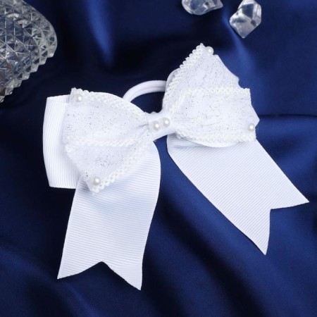 Hair gum "Double bow with beads" 10x9.5 cm, white
