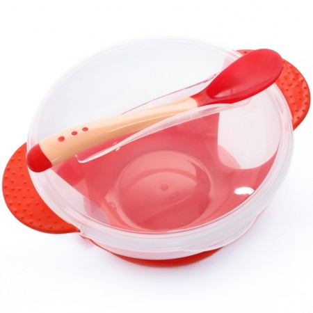Feeding set: a bowl on the suction cup 340 ml., With a lid, a thermal engine, red-beige color-4