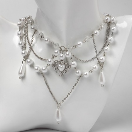 The necklace with pearls "Heart" openwork drops, white color in silver-3