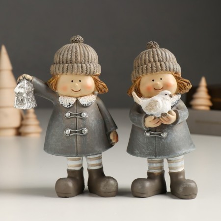 Polystone souvenir "Baby in a gray coat with a bird/flashlight" MIX 5x6x14 cm