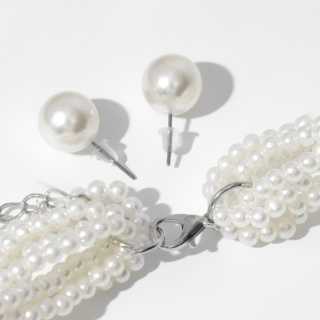 Set 2 objects: earrings, beads "pearl with rhinestones", white color, 40cm-1