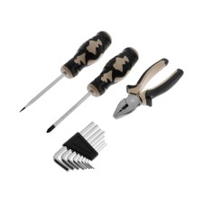 A set of tools in the blist of the tundra, screwdrivers, pliers, keys, 11 items