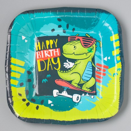 Disposable square plate "Happy Birthday", dinosaur, 16.5x16.5 cm-1