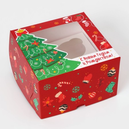 Box for 4 cupcake with the Festive spruce window, 16 x 16 x 10 cm-2