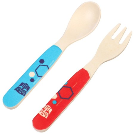 A set of children's bamboo dishes, 4 objects: plate, fork, spoon, glass, transformers-6
