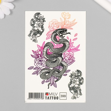 Tattoo on the body "Snake in roses" 10x15 cm
