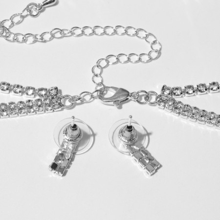 Set 2 objects: earrings, chocker "ice" 2 rows, white color in silver, 44.5 cm-1