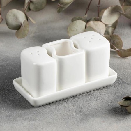 Set for spices Porcelain Magistro "Blanche", 3 objects: Solonka 65 ml, pistan 60 ml, tank for toothpicks, white color