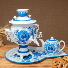 Gzhel set, oval, 3 objects, samovar 3 l, teapot 0.7 l, tray