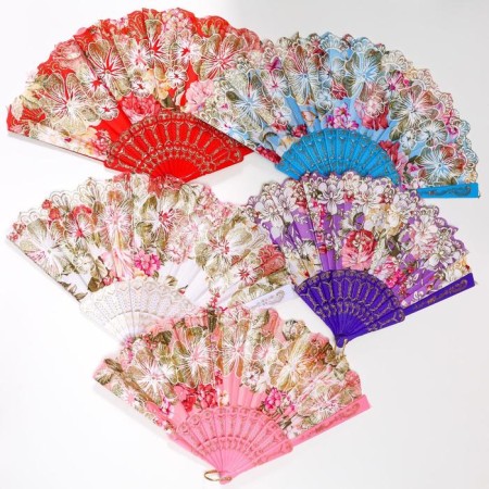 Fan plastic, textiles "Flower paradise" wide blades, sparkles mix 23 cm-4