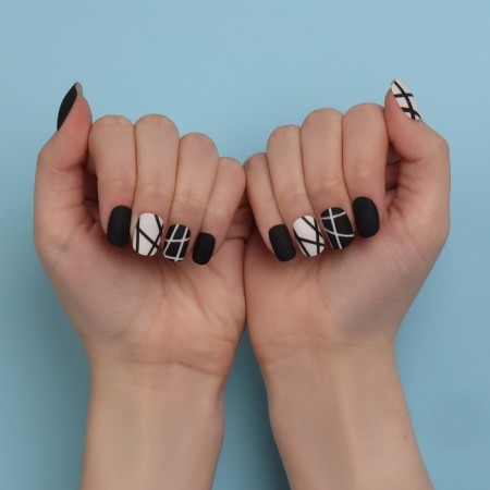 Black overhead nails, 12 pcs, with adhesive plates, soft square shape, black/white color-11