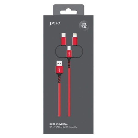 Cable 3 in 1 Pero DC-06 Universal, USB-Microusb/Lightning/Type-C, 2.4 A, 2 m, red-1