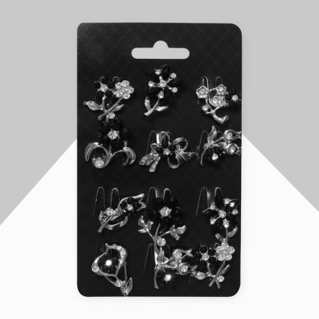 Brooch "Flowers" Mini, Mix shape, black and white color in silver (indivisible packing 12 pcs., Price per pcs.)-1