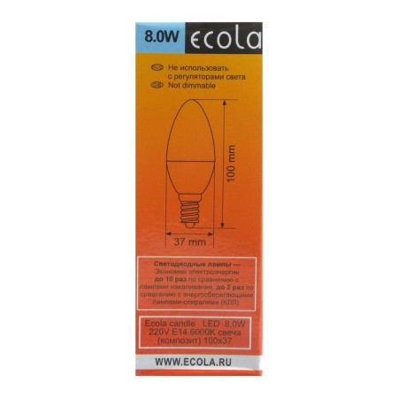 LED LED ECOLA "candle", E14, 8 W, 6000 K, 220 V, 103x37 mm-1