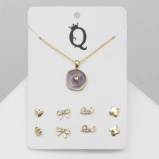 Set of 5 objects: earrings (4 pairs), the pendant “minimal” the heart, lilac color in gold, 40 cm