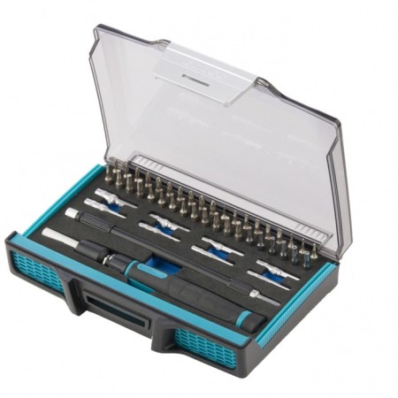 A screwdriver with a set of bit and end heads for accurate work GROSS 11599, flexible drive, CRMO, 48 pieces