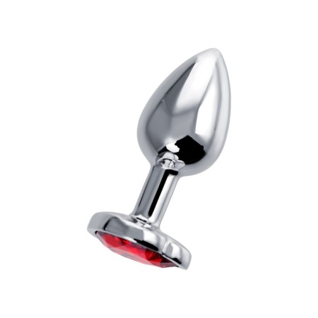 Anal plug, metal, silver, with a crystal of ruby ​​color, 7 cm, D 2.7 cm, 50 g-1