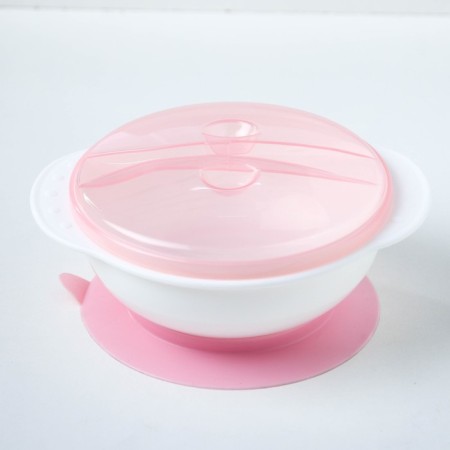 Set for feeding, 3 items: a bowl on a suction cup 400 ml, cover, spoon, pink sucker color, chick lid color-2