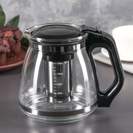 Glass teapot “Illusion”, 1.5 l, with metal sieve, black color