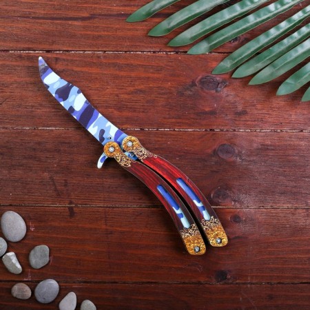Wooden souvenir "Butterfly knife" blue camouflage
