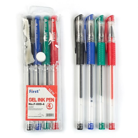 A set of gel pens, 4 colors, with rubber holders, in a blister on a button