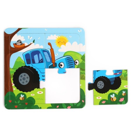 Puzzle on the substrate "Funny Blue Tractor", 4 details-5
