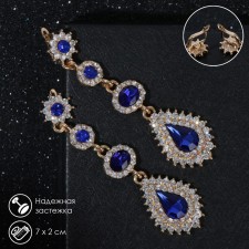 Hanging earrings with “evening” rhinestones, white-blue color in gold, 7 cm