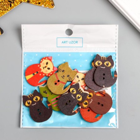 Buttons wood for creativity 2 punctures "kittens" set of 10 pcs 3x2.1x0.2 cm-4
