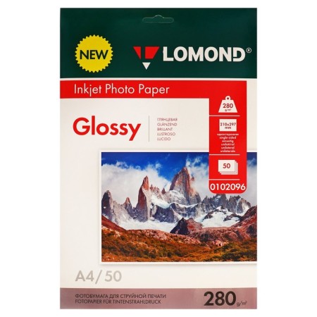 Photo paper for jet printing A4, 50 sheets Lomond, 280 g/m2, one -sided, glossy