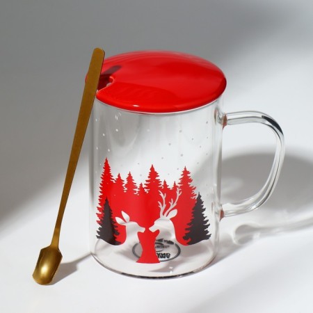 Glass mug with a spoon and lid "Winter Forest", 470 ml-3
