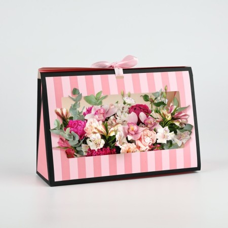 Folding box for flowers with the window “Thank you for being”, pink, 16 x 27 x 9 cm