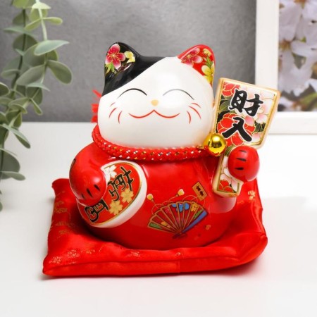 Piggy bank Ceramics "Maneki-Neko Red with fan" 11x10.5x9.5 cm