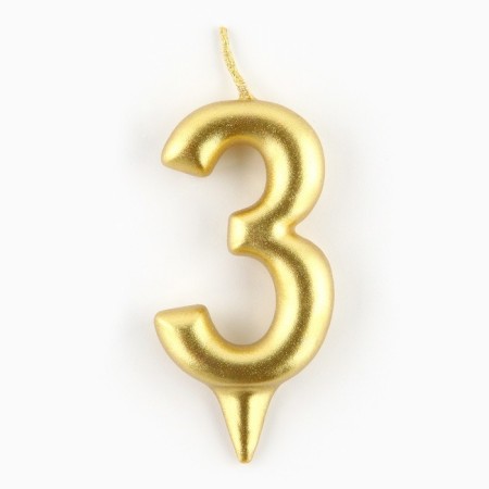 Candle for the cake, the number "3", gold.-2