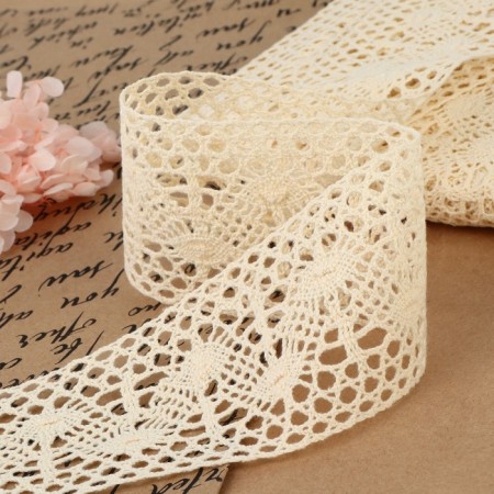 Knitted lace, 65 mm × 10 ± 1 m, beige color
