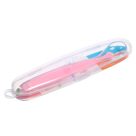 A spoon for a nursery, for the first feeding, in a container, pink-6