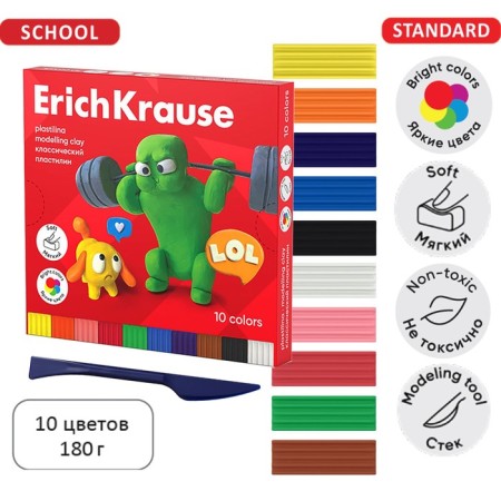 Plasticine 10 colors, 180 g, Erichkrause "Jolly Friends", with a glass, in cardboard packaging