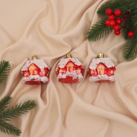 Christmas tree decoration "Funned house" (set of 3 pcs) 6x5 cm, red-white