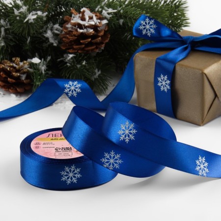 A satin ribbon "Snowflakes", 25 mm, 23 ± 1 m, blue/white color No. 122
